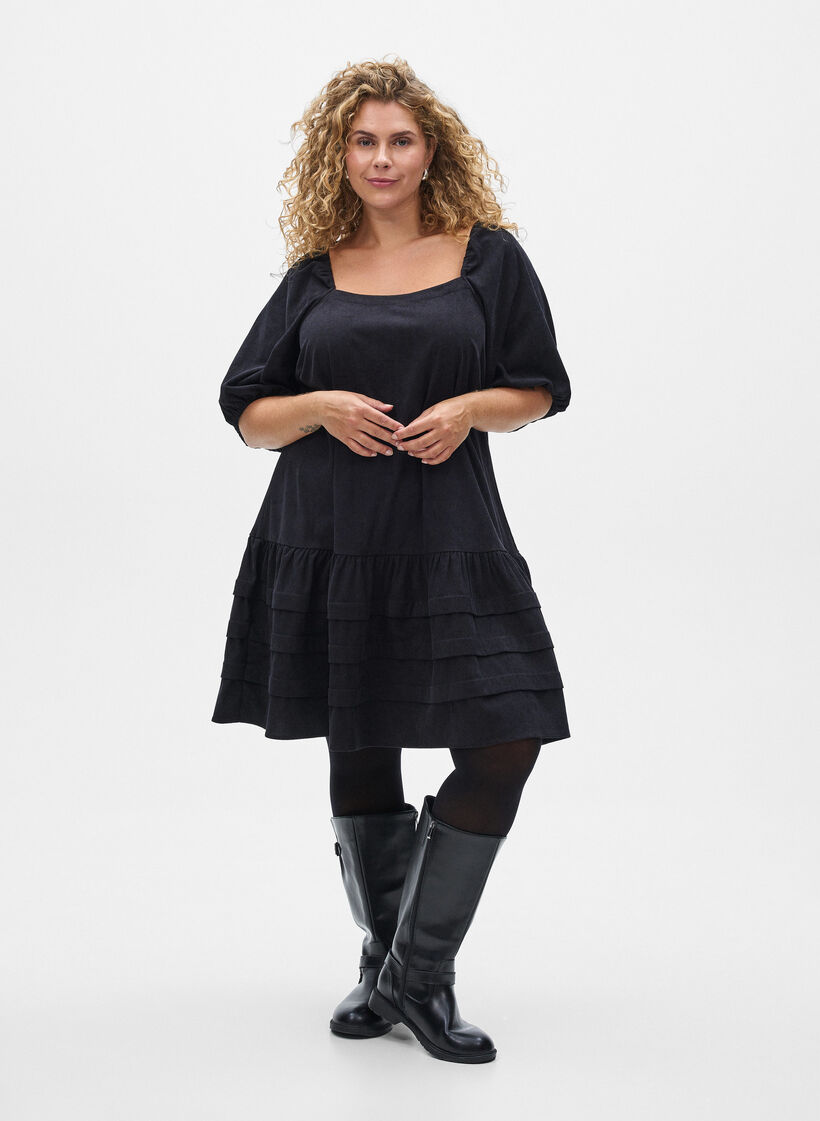 Short corduroy dress with square neckline, Black, Model image number 1