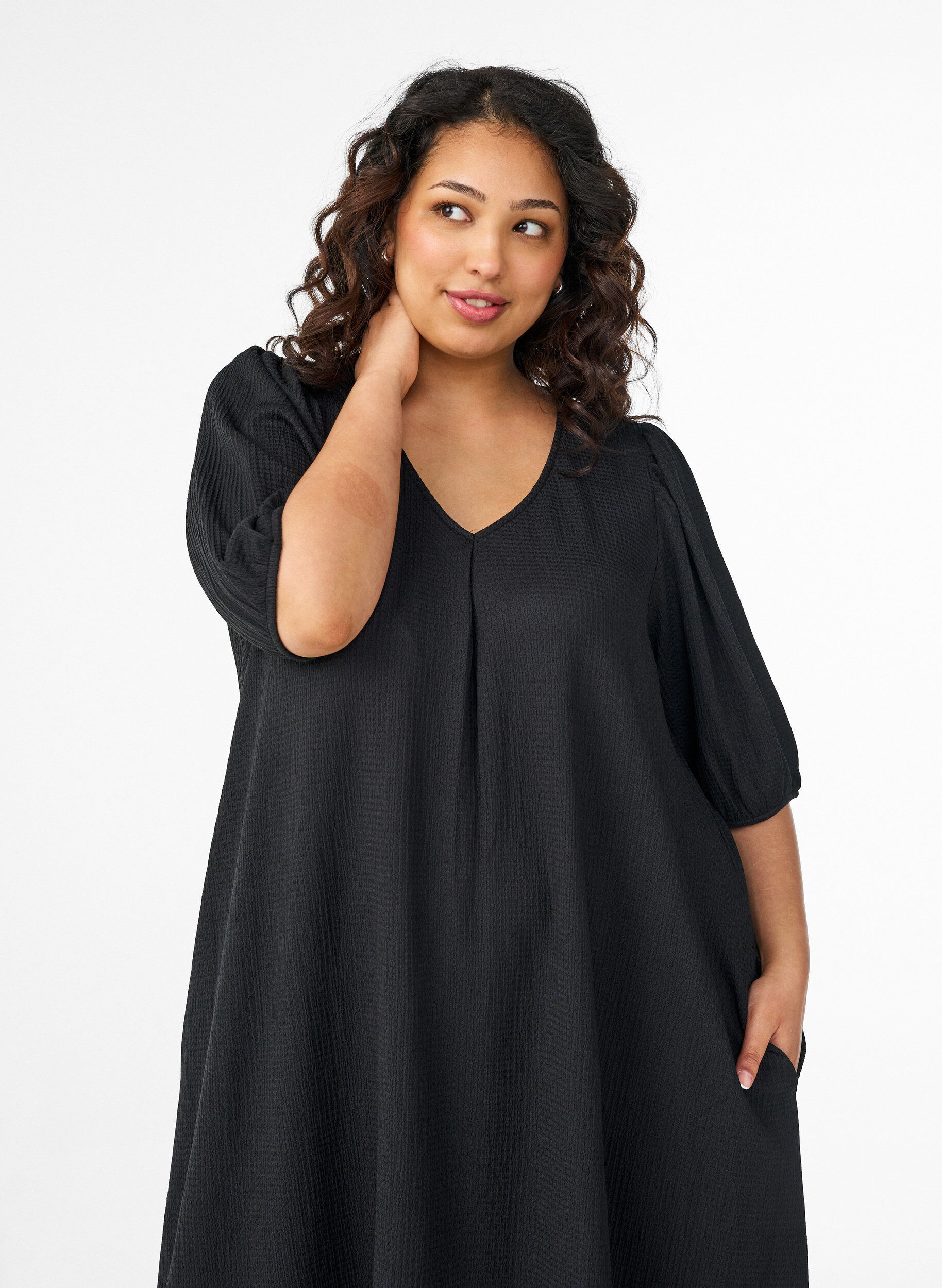 ZizzifashionMidi dress with V-neck and texture, Black, Model image number 2