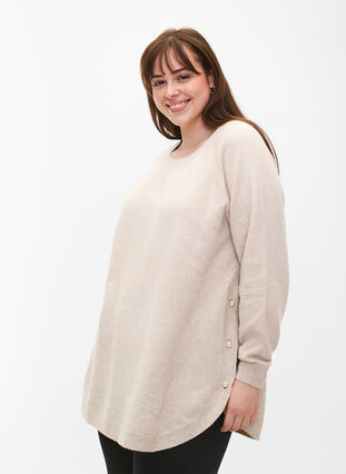 Knitted melange pullover with pearl buttons on the sides	, Pumice Stone Mel., Model image number 0