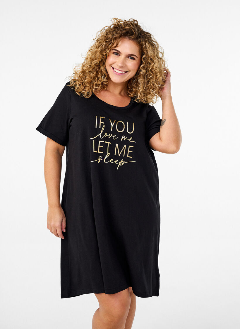 Short-sleeved nightgown in organic cotton, Black, Model image number 0