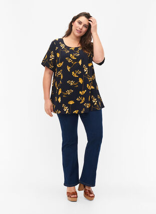 FLASH - Blouse with short sleeves and print, Night Sky Yellow AOP, Model image number 2