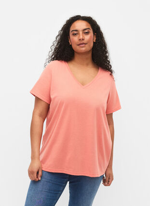 Short sleeve t-shirt with v-neckline, Bright Coral, Model image number 0