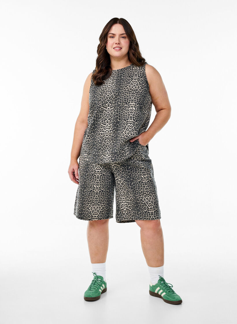 Sleeveless leopard print denim top, Brown, Model image number 1