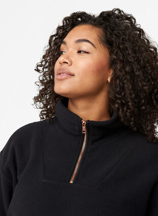 High neck fleece sweater with a zip, Black, Model image number 2