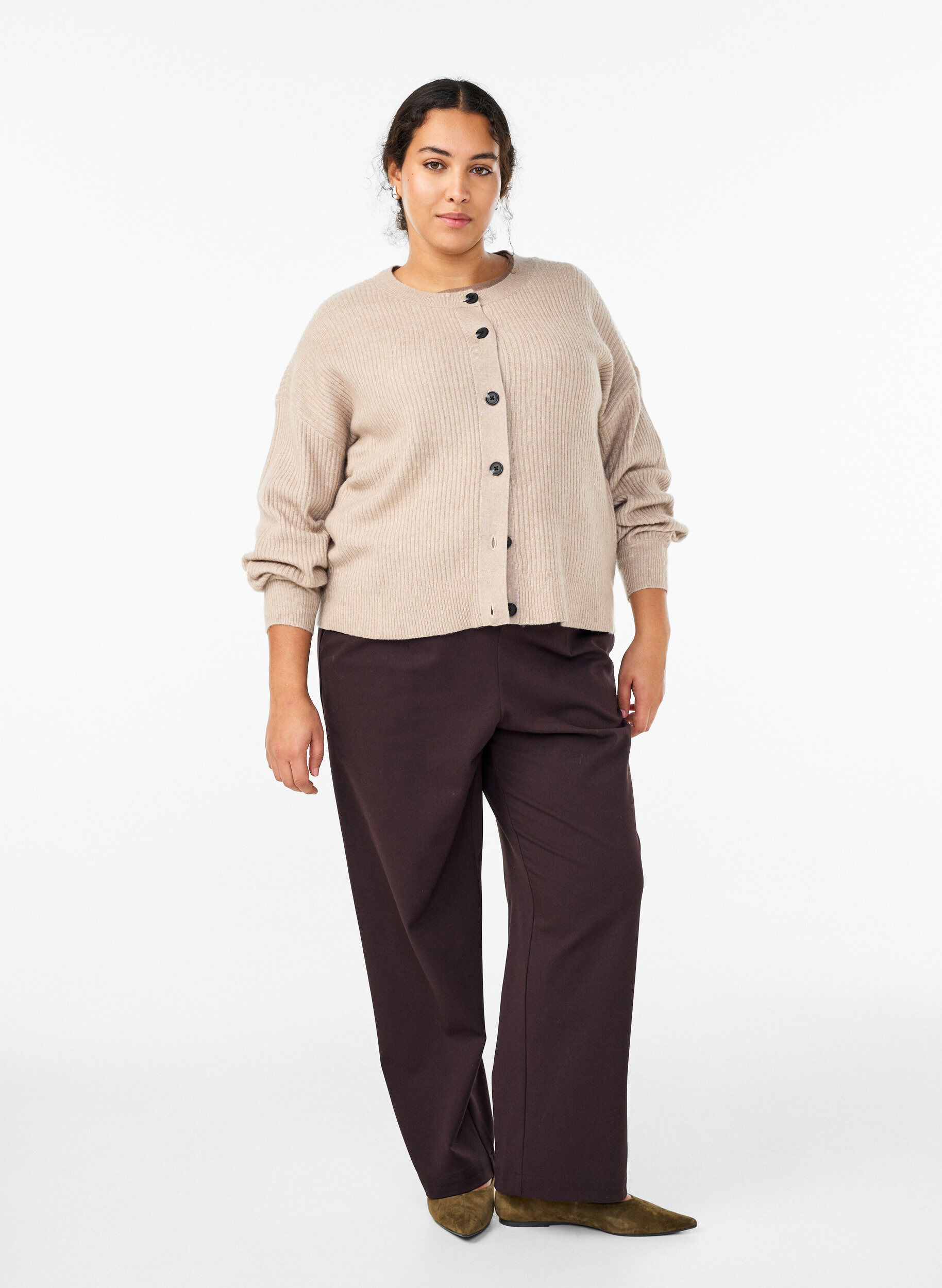 ZizzifashionRibbed cardigan with buttons, Beige, Model image number 1