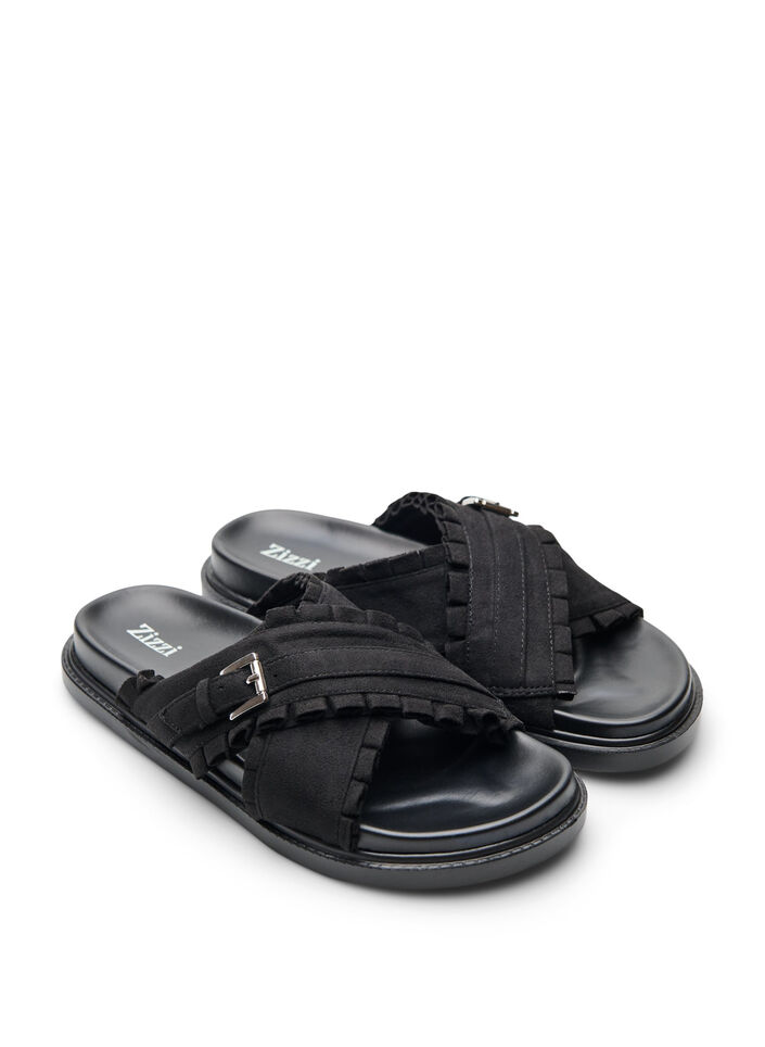 Sandals with crossed straps and ruffle edges, Black, Packshot image number 1