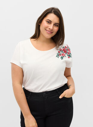 Short-sleeved cotton t-shirt with embroidery, Warm Off-white, Model image number 0