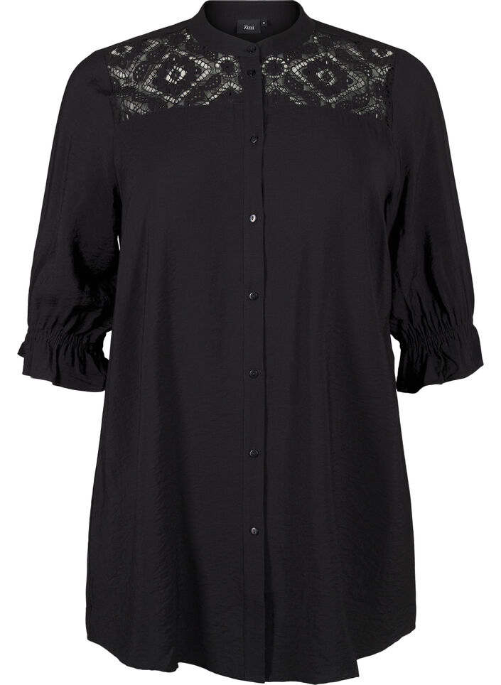 Long viscose shirt with lace detail, Black, Packshot image number 0