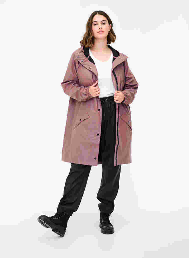 Rain jacket with hood and button fastening, Rose Taupe, Model image number 2