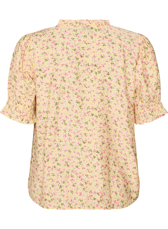 Floral viscose blouse with short sleeves and a ruffle collar, Yellow, Packshot image number 1