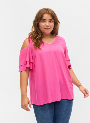 Short sleeved blouse in viscose, Fuchsia Purple, Model image number 0