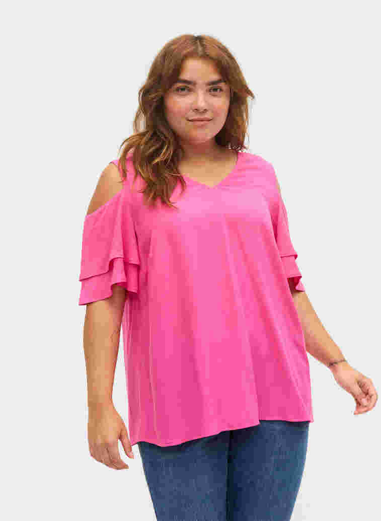 Short sleeved blouse in viscose, Fuchsia Purple, Model image number 0