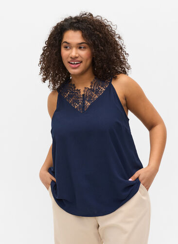 Sleeveless top with v-neck and lace, Navy Blazer, Model image number 0