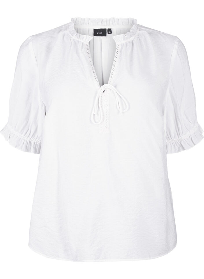 Short-sleeved viscose blouse with ruffle details, Bright White, Packshot image number 0