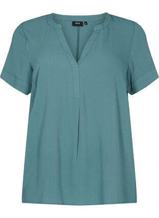 Short-sleeved blouse with v-neckline, Mallard Green, Packshot image number 0