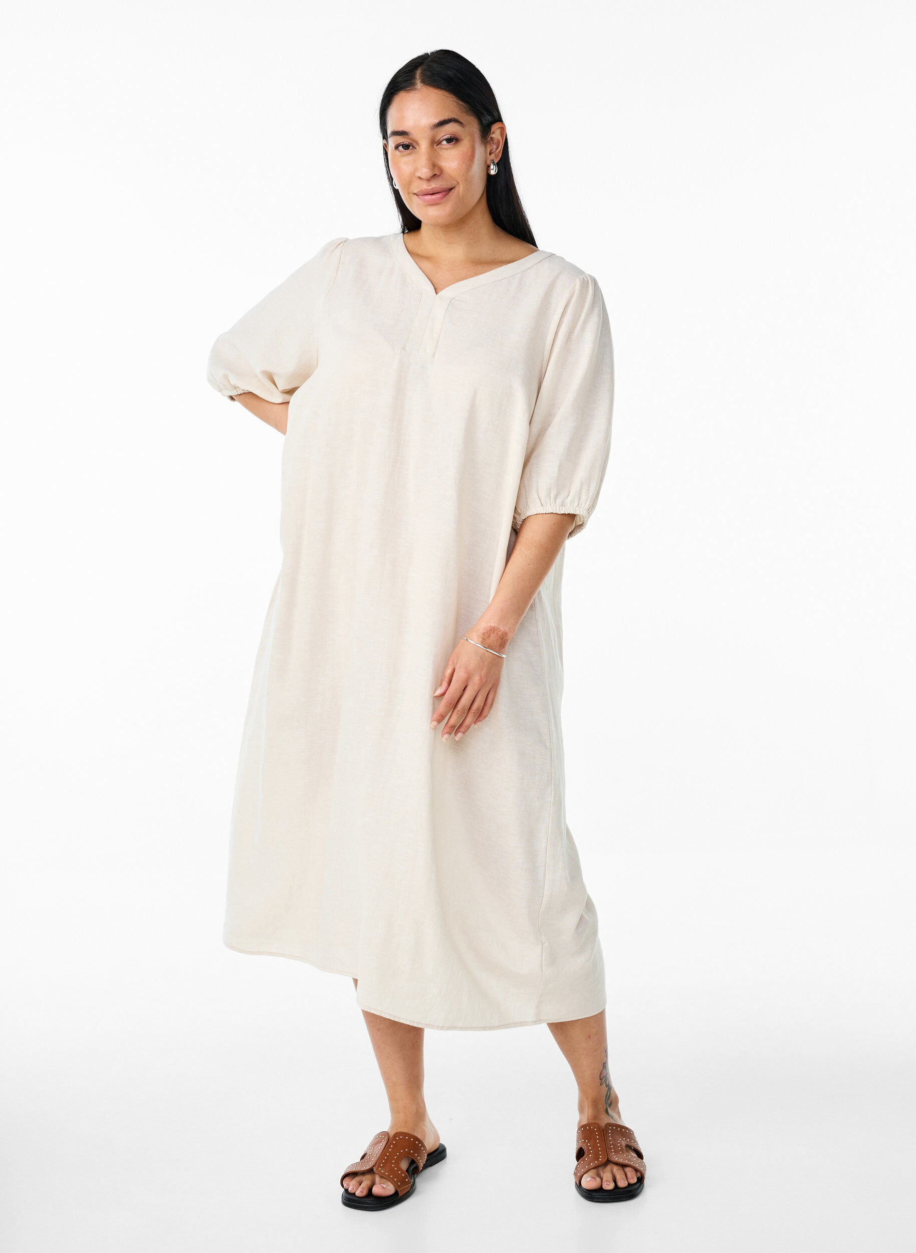 Zizzifashion Midi dress in linen and viscose with short sleeves, Beige, Model image number 0