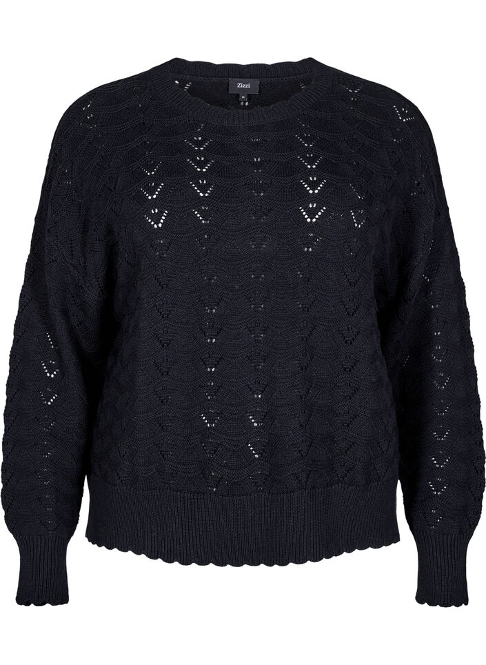 Long-sleeved knit blouse with an openwork pattern, Black, Packshot image number 0