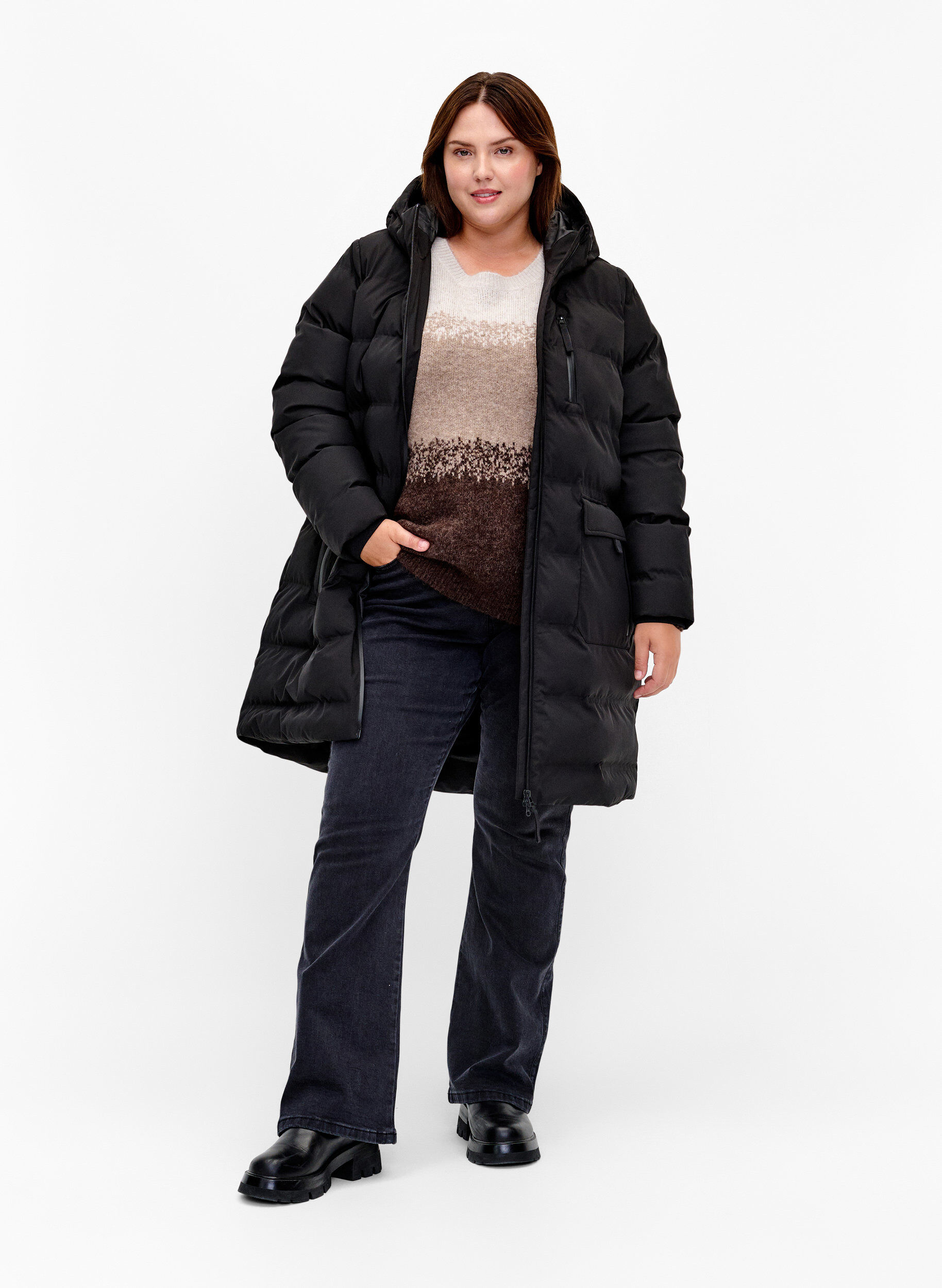 Zizzifashion Puffer coat with hood and pockets, Black, Model image number 1