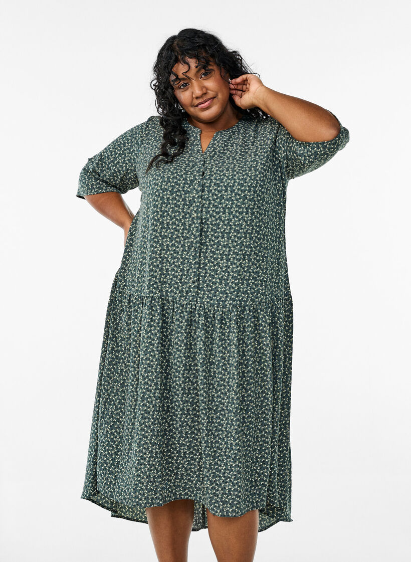 A-line midi dress with short sleeves, Green, Model image number 0