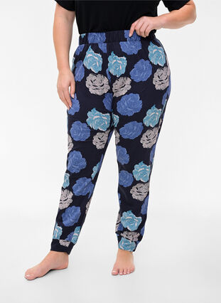 Cotton night trousers with floral print, Blue Flower, Model image number 2
