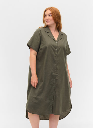 Long cotton shirt with short sleeves, Dusty Olive, Model image number 0