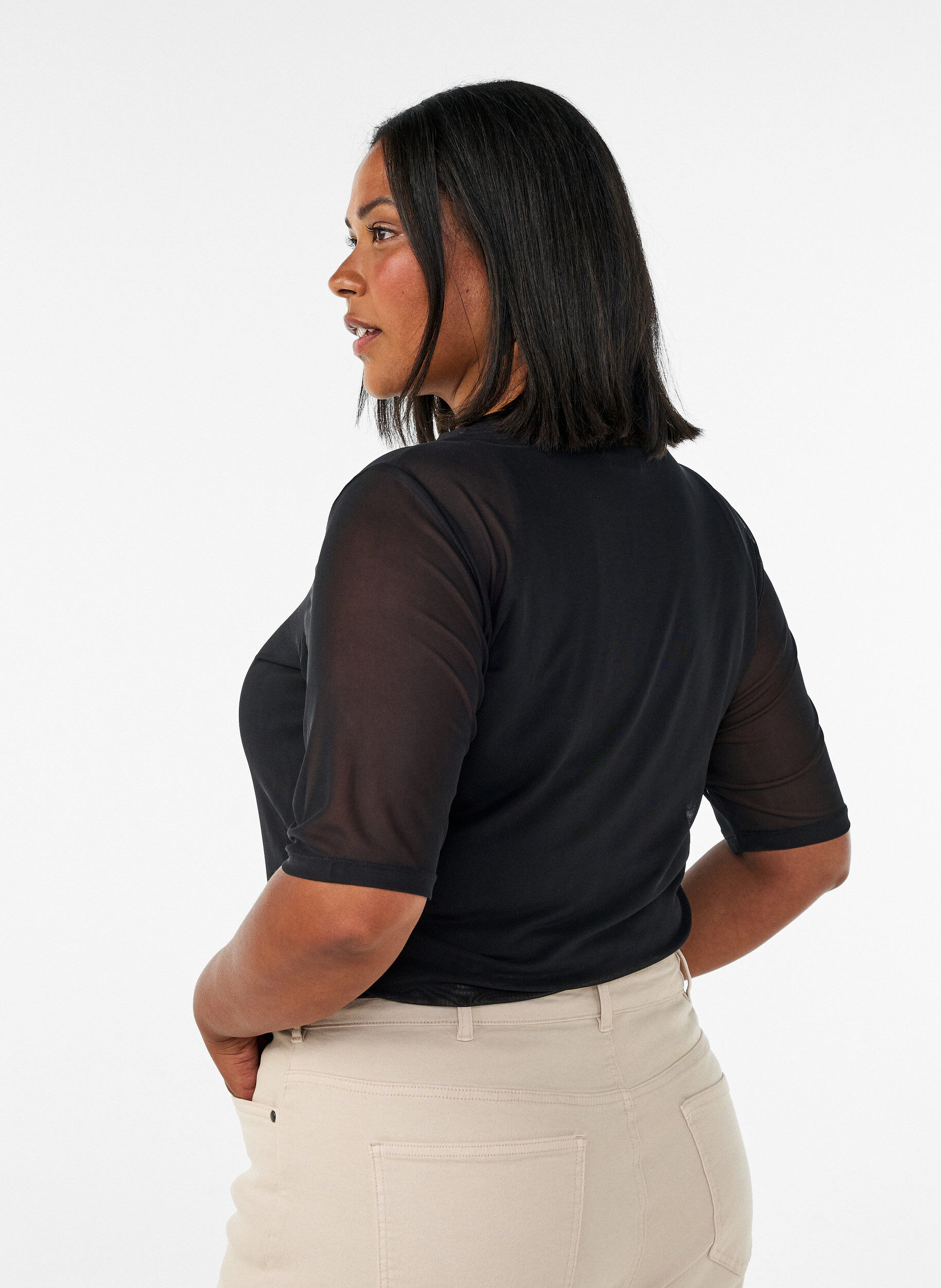 ZizzifashionMesh top with short sleeves and round neck, Black, Model image number 2