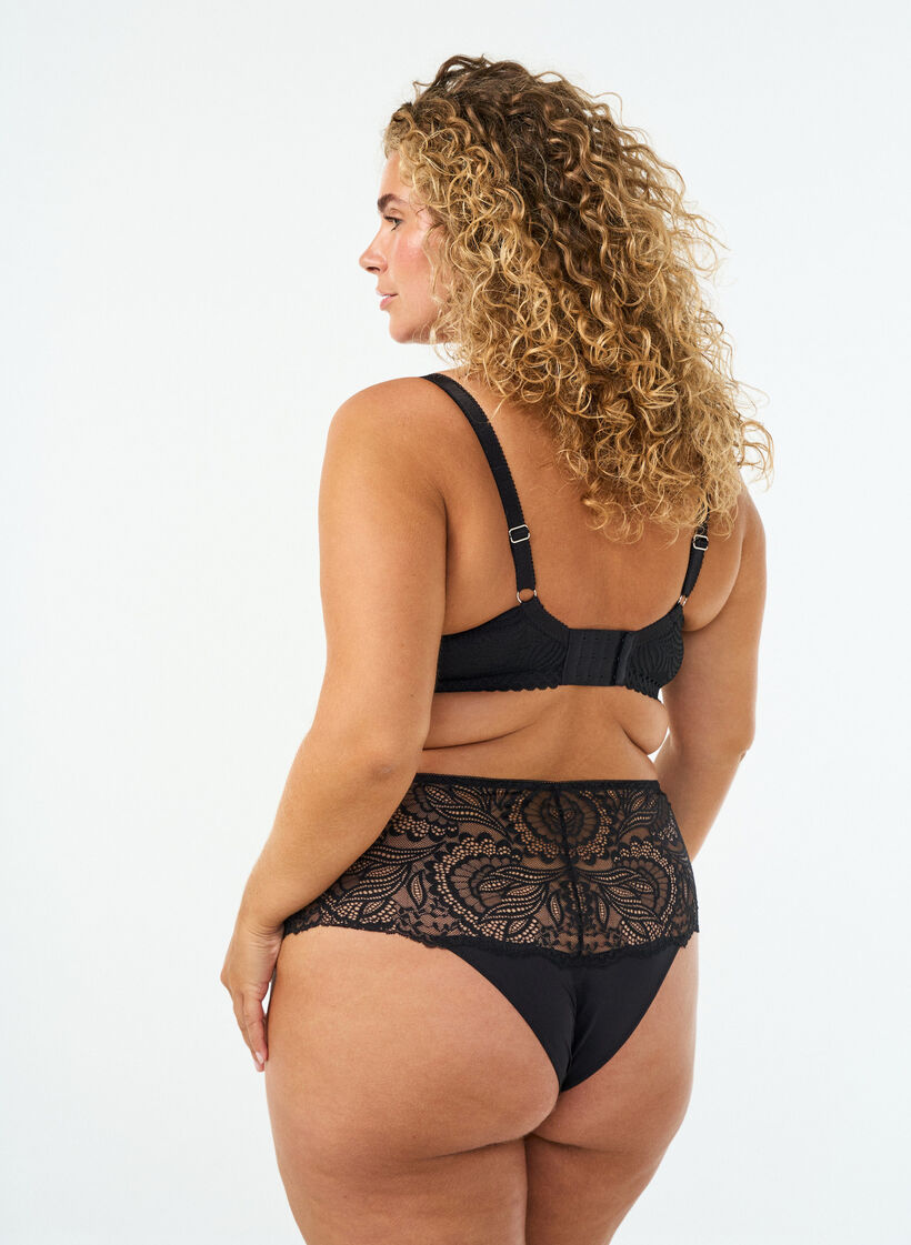 Crotchless hipster thong with lace and high waist, Black, Model image number 1