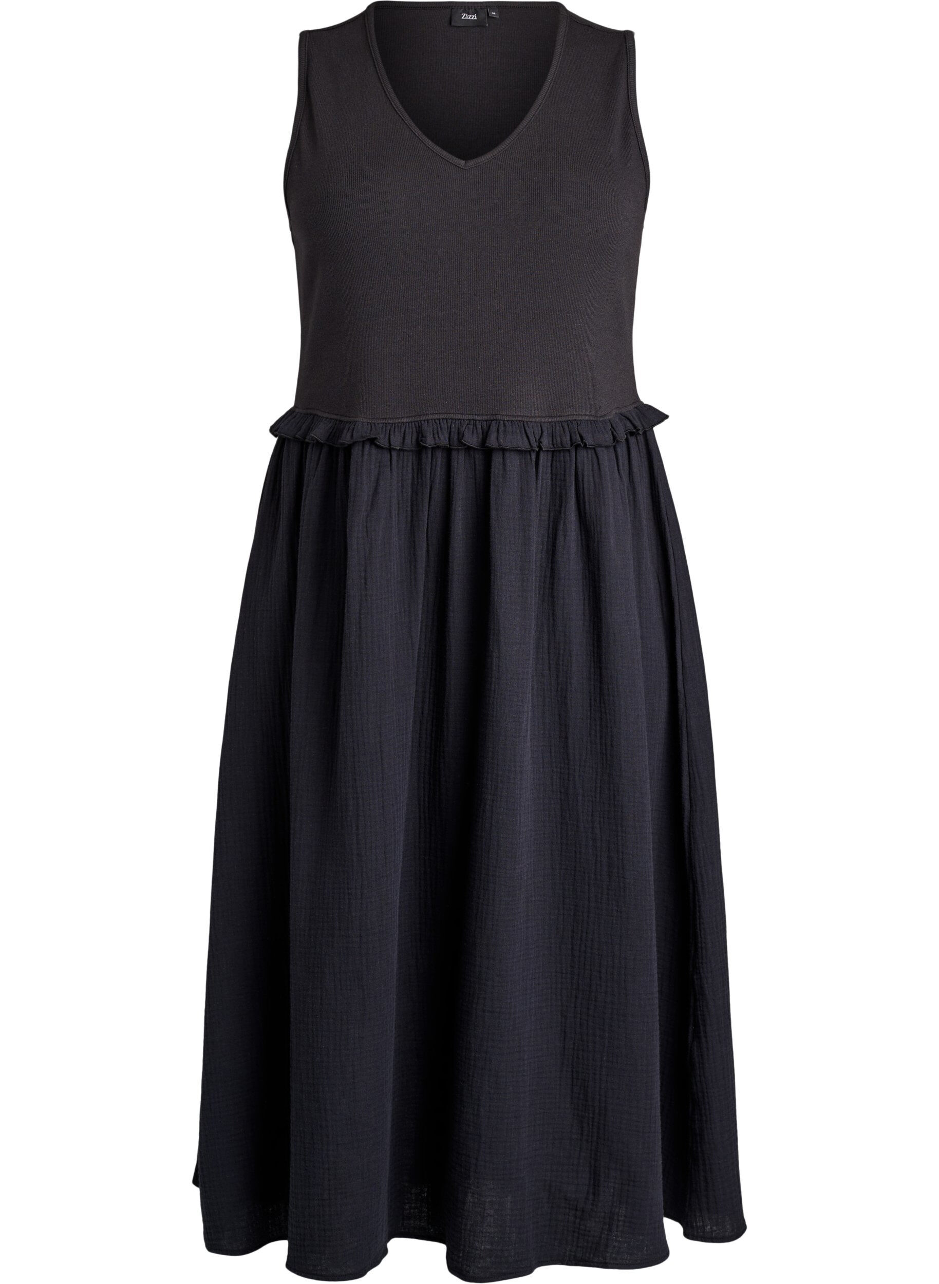 ZizzifashionSleeveless cotton midi dress with rib and muslin, Black, Packshot image number 0