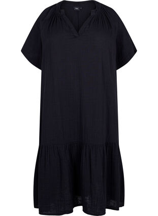 Waist dress with short sleeves in cotton, Black, Packshot image number 0