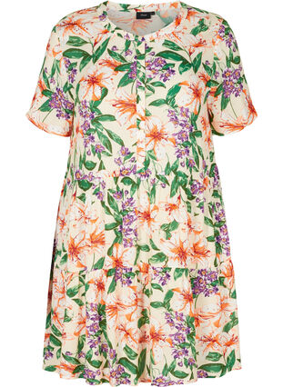 Short-sleeved viscose dress with A-line cut, Tropic AOP, Packshot image number 0