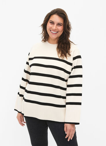 Viscose blend pullover with side slit	, Birch W/Black, Model image number 0