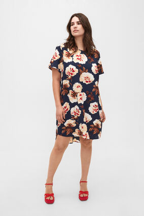 Dress with print and short sleeves, Navy B. Rose AOP, Model image number 1