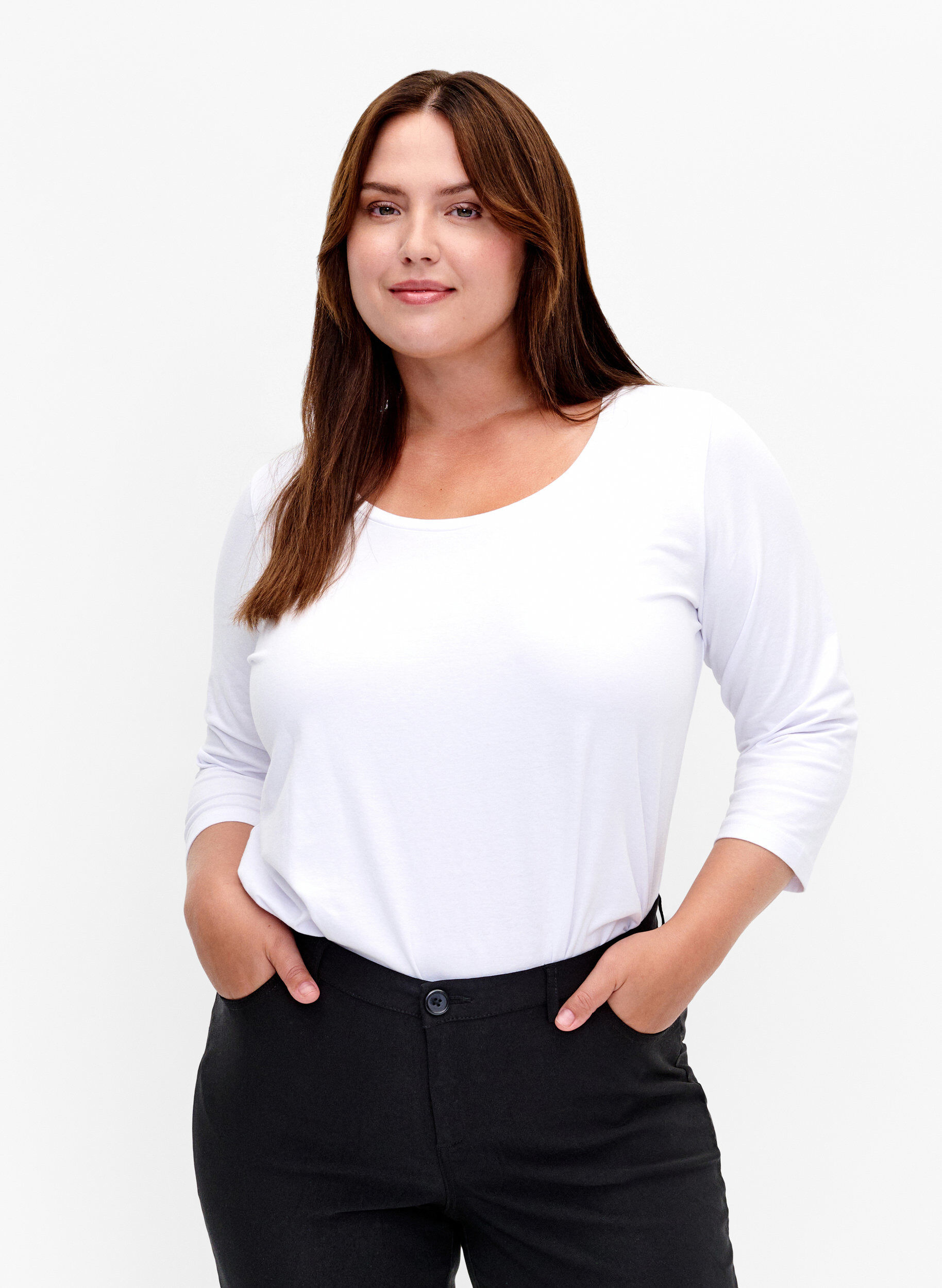 ZizzifashionBasic cotton t-shirt with 3/4 sleeves, White, Model image number 0