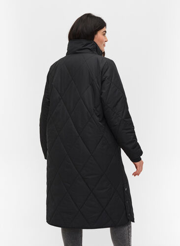 Long quilted high-neck jacket with pockets, Black, Model image number 1