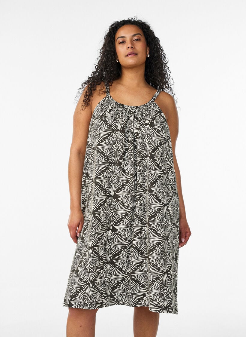 Knee-length strap dress in organic cotton, Black, Model image number 0