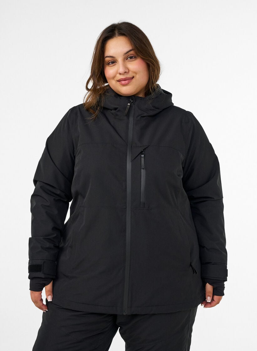 Ski jacket with hood and zip pockets, Black, Model image number 0