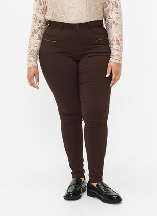 Close-fitting trousers with zipper details, Coffee Bean, Model image number 2