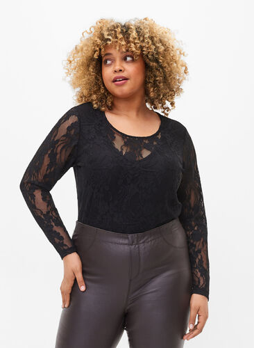 Body with lace and long sleeves, Black, Model image number 0