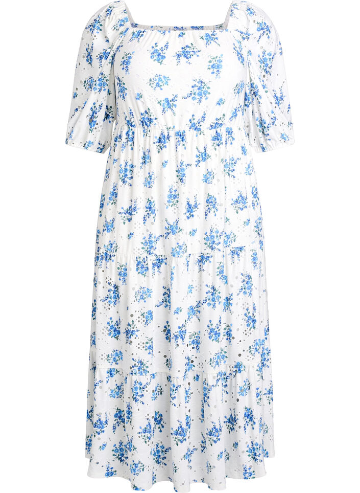 Ankle-length dress with floral print and eyelet embroidery, White, Packshot image number 0