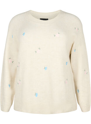 Knitted sweater with embroidered flowers, Birch Comb, Packshot image number 0