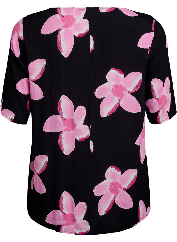 Short sleeve viscose Blouse with print, Black, Packshot image number 1