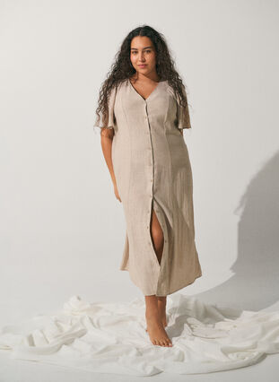 Midi dress in linen and viscose with ruffle sleeves - Beige - Sz. 40-64 - Zizzifashion Midi dress in linen and viscose with ruffle sleeves - Beige - Sz. 40-64 - Zizzifashion
