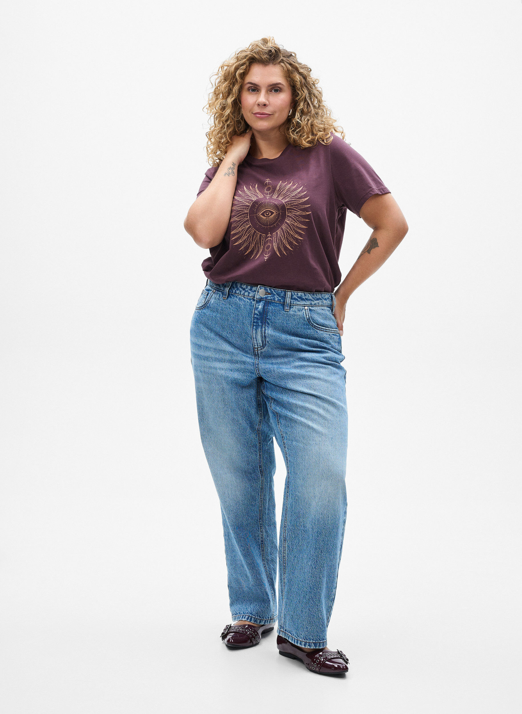 Zizzifashion Cotton T-shirt with front print, Dark Bordeaux, Model image number 1