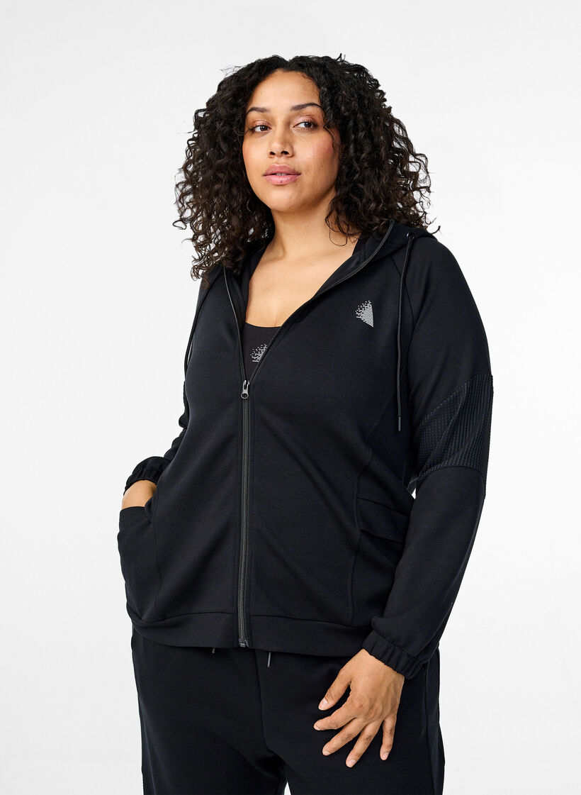 Hooded sweat cardigan with pockets, Black, Model image number 0