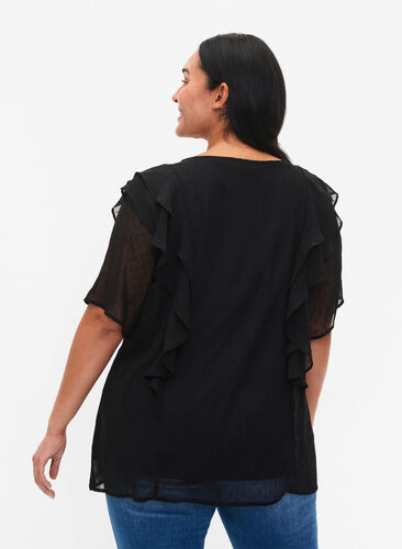 Short-sleeved blouse with ruffles and dotted pattern, Black, Model image number 1