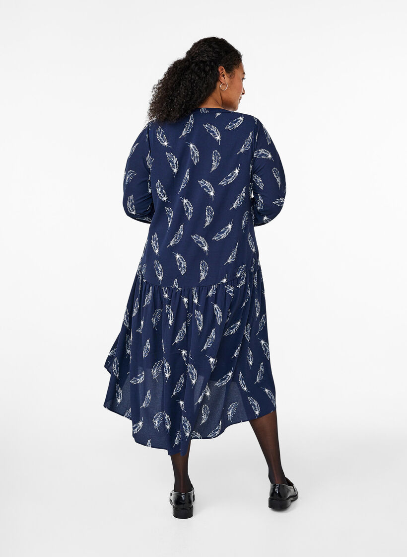 Midi dress with long sleeves, Navy B. Feather AOP, Model image number 1