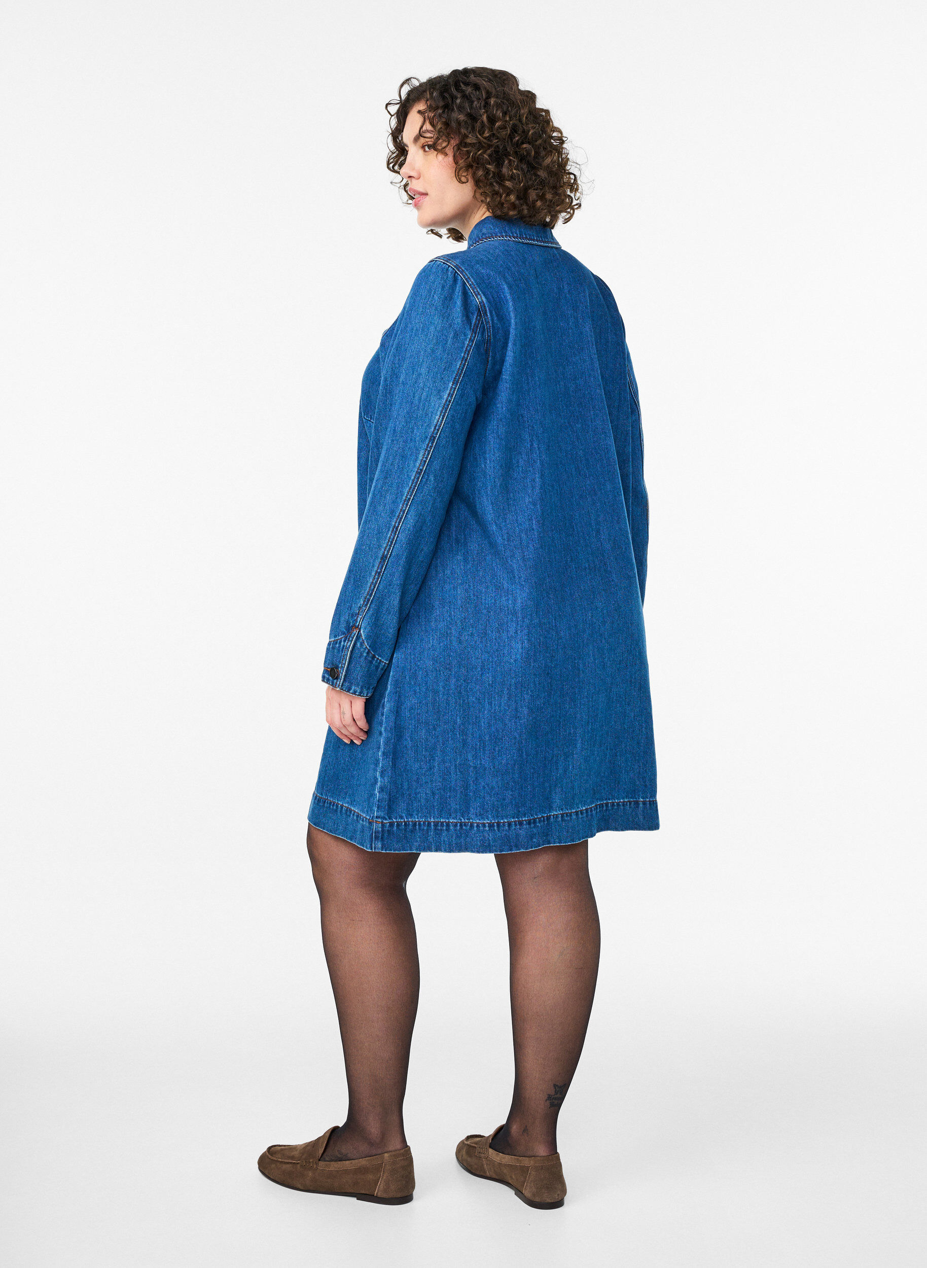 Zizzifashion Short denim dress with zip detail and collar, Blue, Model image number 2