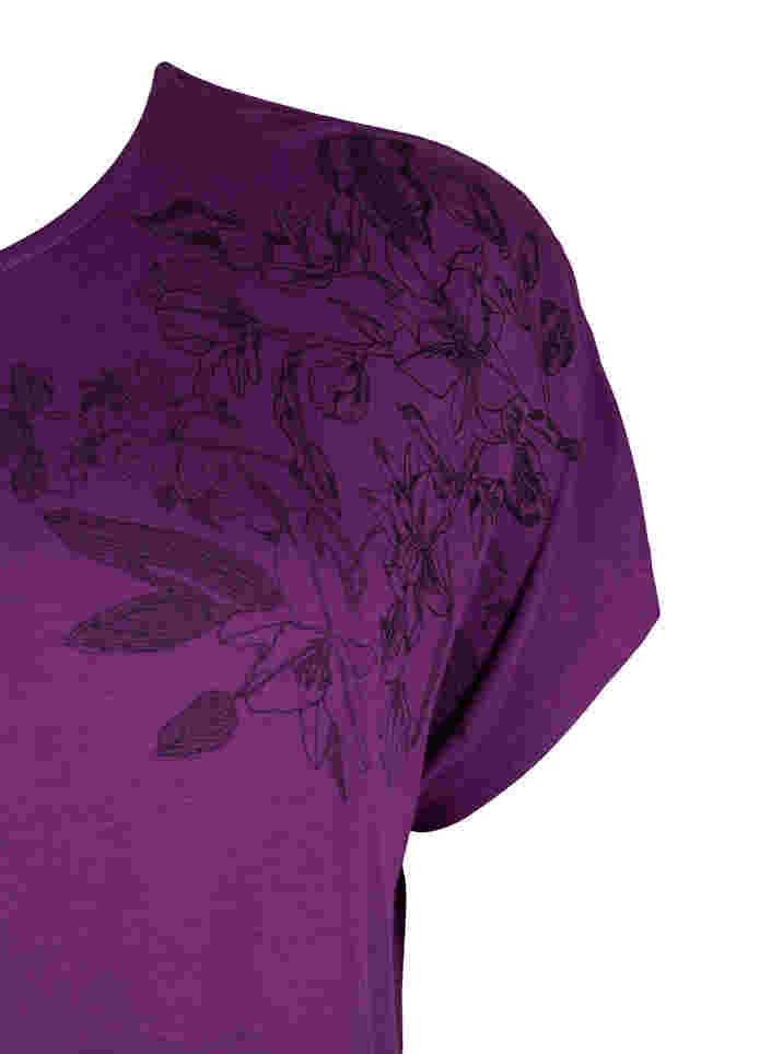 Short-sleeved viscose t-shirt with floral print, Grape Juice Flower, Packshot image number 3