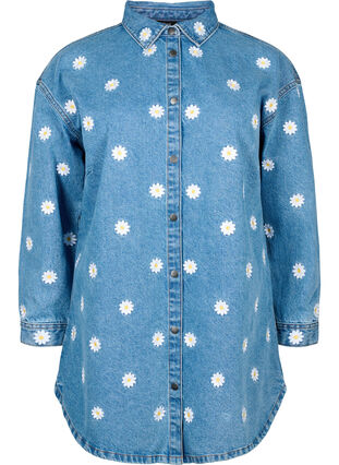 Loose denim shirt with embroidered daisies, L.B. Flower, Packshot image number 0