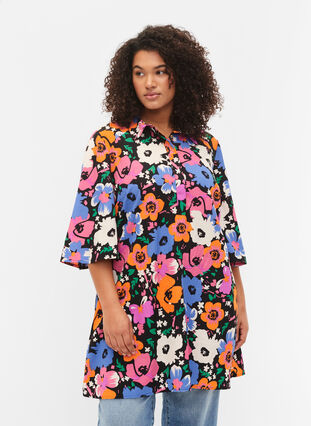 Floral tunic with 3/4 sleeves, Vibrant Flower AOP, Model image number 0
